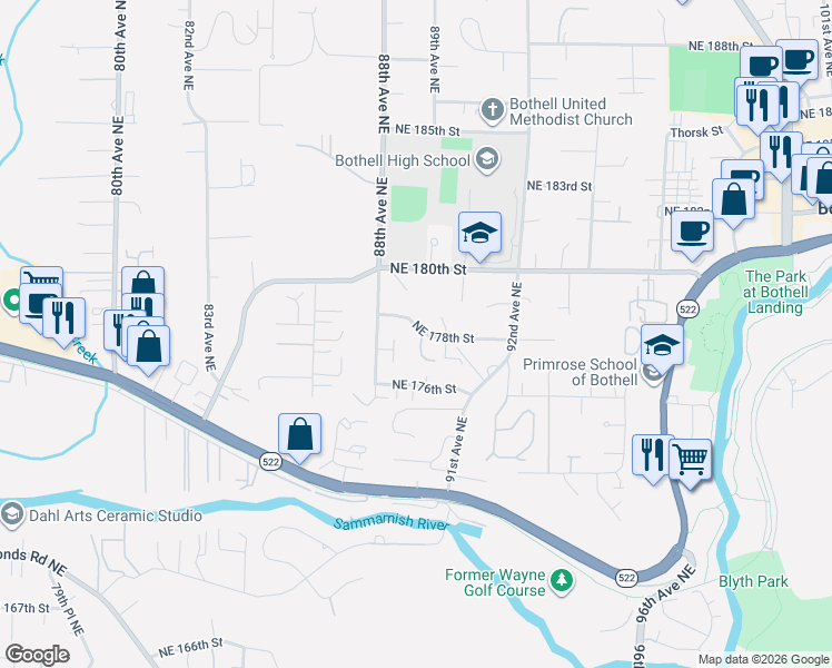 map of restaurants, bars, coffee shops, grocery stores, and more near 8938 Northeast 178th Street in Bothell