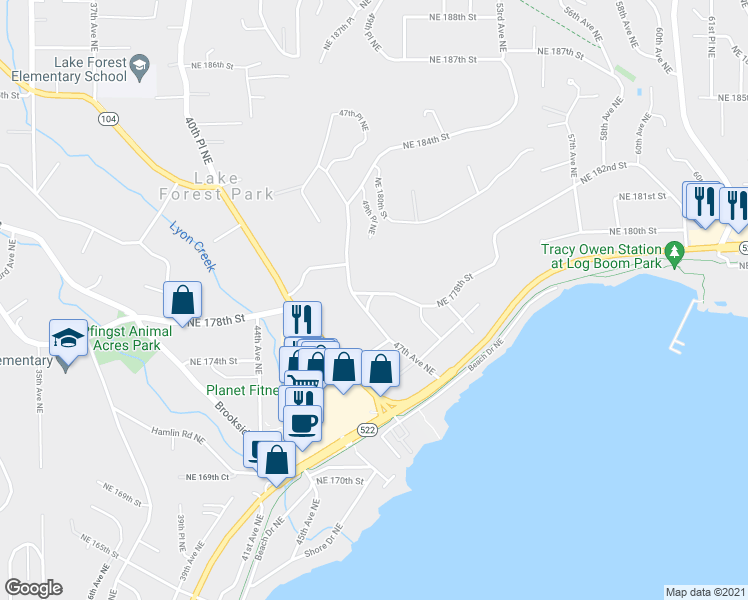 map of restaurants, bars, coffee shops, grocery stores, and more near 4707 Northeast 178th Street in Lake Forest Park