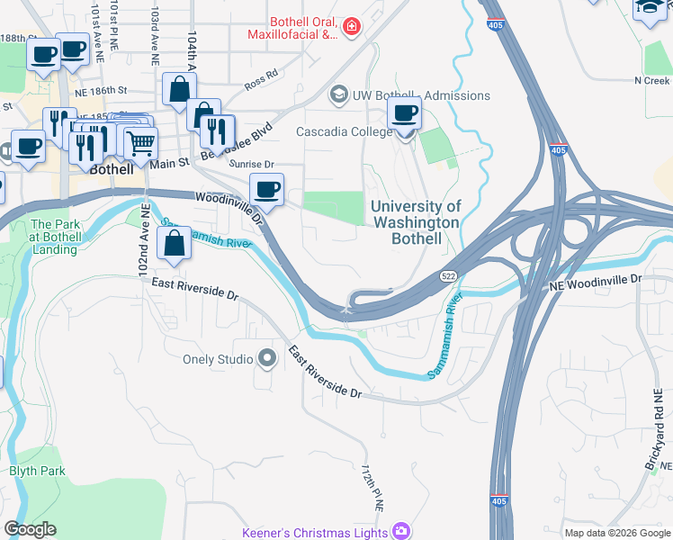 map of restaurants, bars, coffee shops, grocery stores, and more near 10827 Circle Drive in Bothell
