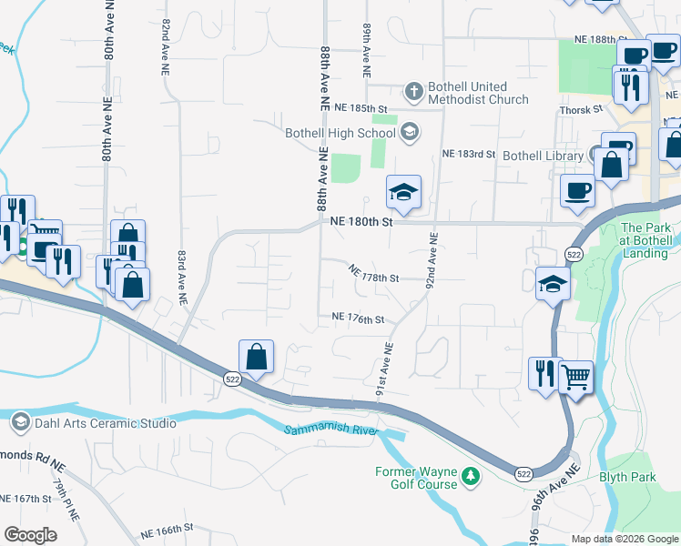map of restaurants, bars, coffee shops, grocery stores, and more near 8813 Northeast 178th Street in Bothell