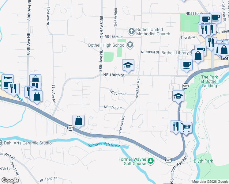 map of restaurants, bars, coffee shops, grocery stores, and more near 8938 Northeast 178th Street in Bothell