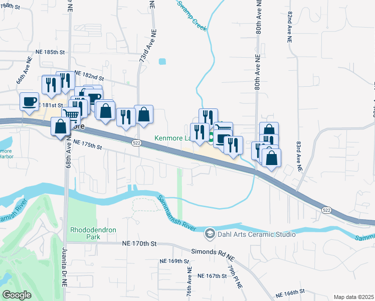 map of restaurants, bars, coffee shops, grocery stores, and more near 7520 Northeast Bothell Way in Kenmore