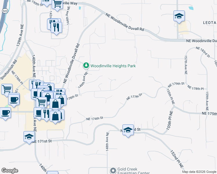 map of restaurants, bars, coffee shops, grocery stores, and more near 17807 149th Avenue Northeast in Woodinville