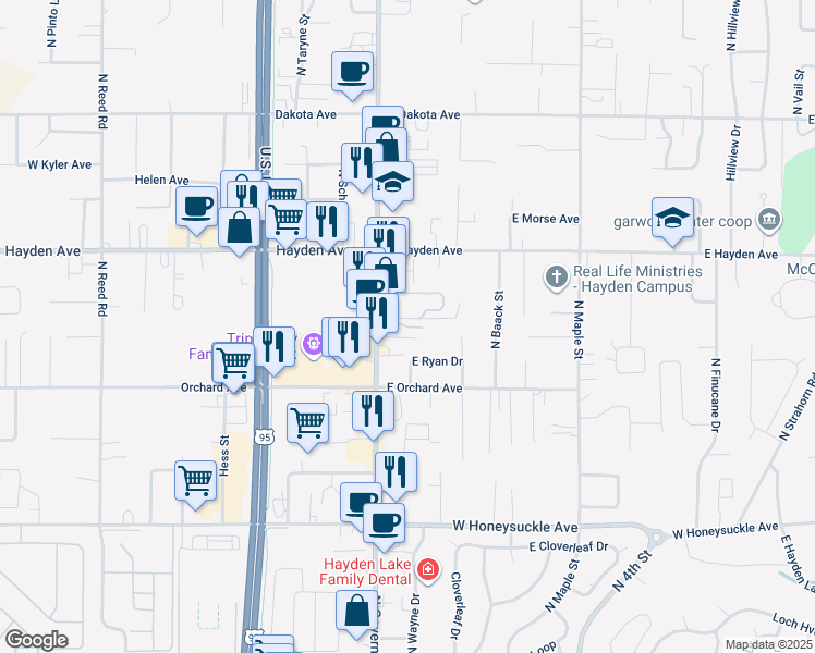 map of restaurants, bars, coffee shops, grocery stores, and more near 9358 North Government Way in Hayden