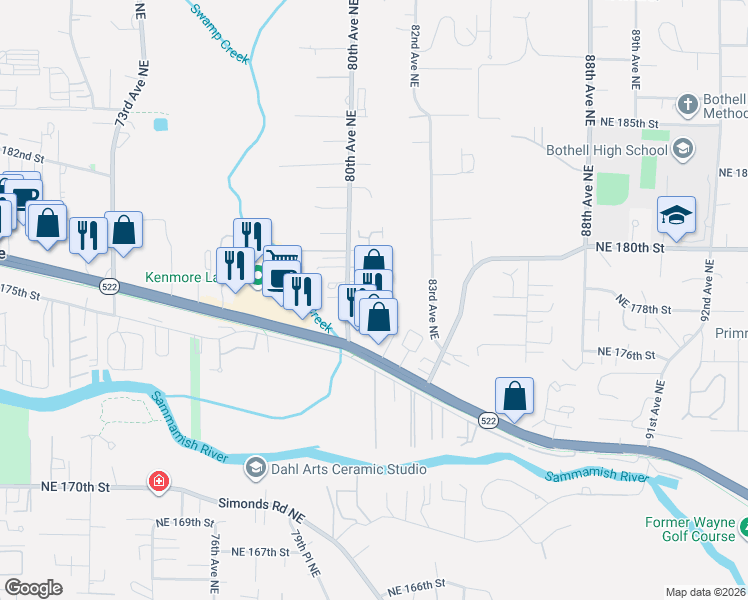 map of restaurants, bars, coffee shops, grocery stores, and more near 17722 80th Avenue Northeast in Kenmore