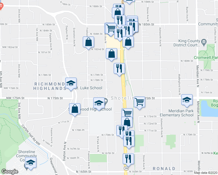 map of restaurants, bars, coffee shops, grocery stores, and more near 928 North 177th Street in Seattle