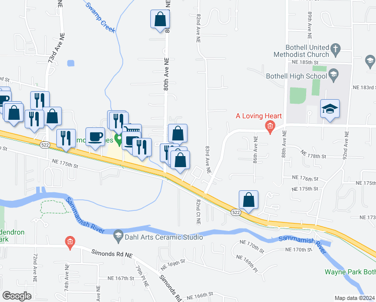 map of restaurants, bars, coffee shops, grocery stores, and more near 17722 80th Avenue Northeast in Kenmore