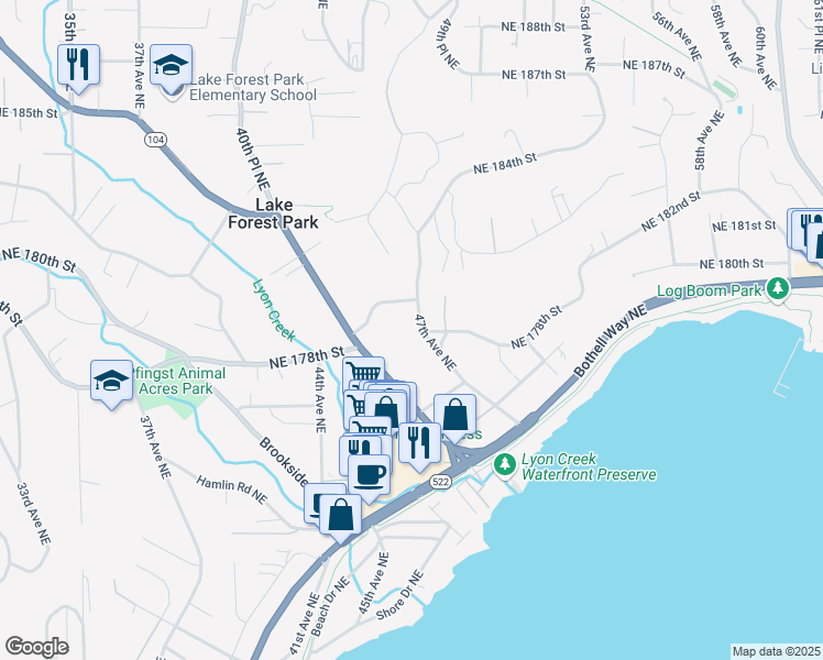 map of restaurants, bars, coffee shops, grocery stores, and more near 17565 47th Avenue Northeast in Lake Forest Park