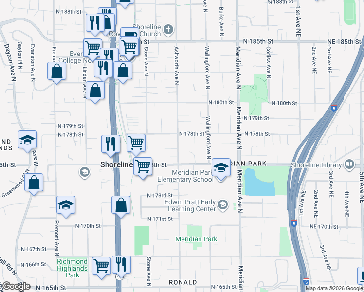 map of restaurants, bars, coffee shops, grocery stores, and more near 17618 Ashworth Avenue North in Shoreline