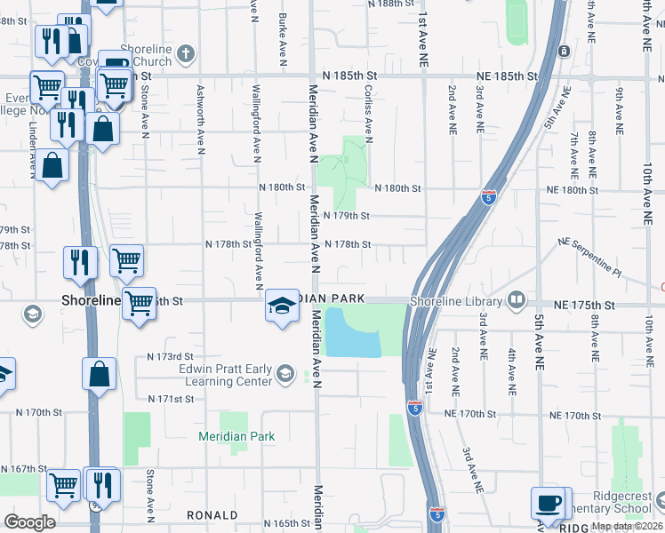 map of restaurants, bars, coffee shops, grocery stores, and more near 17617 Bagley Place North in Shoreline