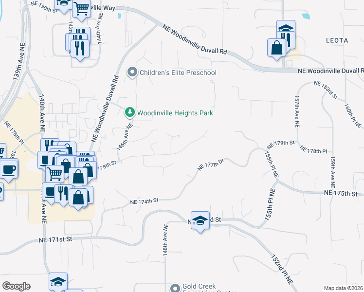 map of restaurants, bars, coffee shops, grocery stores, and more near 17839 151st Way Northeast in Woodinville