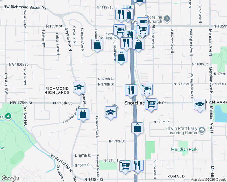 map of restaurants, bars, coffee shops, grocery stores, and more near 17615 Linden Avenue North in Shoreline