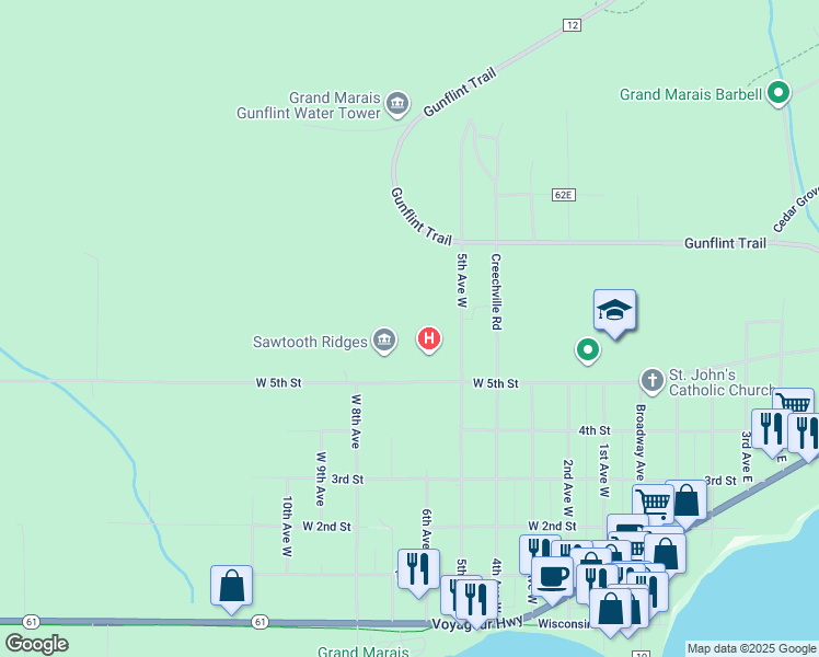 map of restaurants, bars, coffee shops, grocery stores, and more near 515 5th Avenue West in Grand Marais