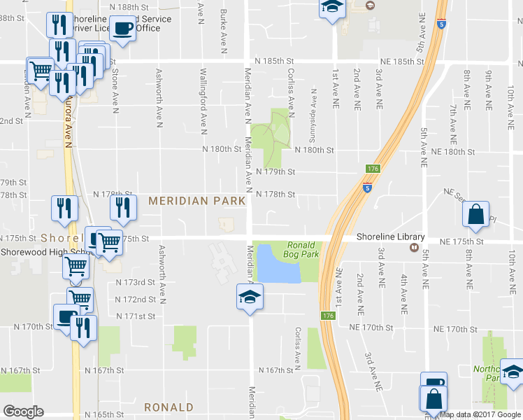 map of restaurants, bars, coffee shops, grocery stores, and more near 17617 Bagley Place North in Shoreline