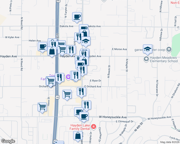 map of restaurants, bars, coffee shops, grocery stores, and more near 9358 North Government Way in Hayden