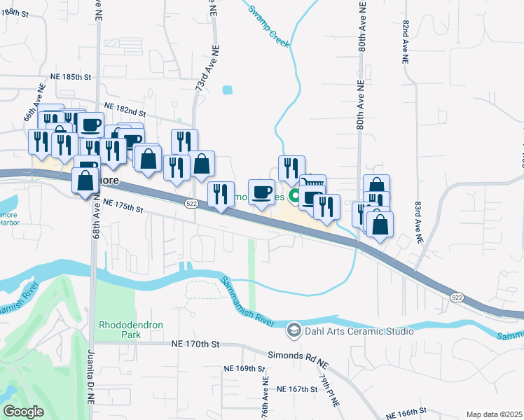 map of restaurants, bars, coffee shops, grocery stores, and more near 7520 Northeast Bothell Way in Kenmore