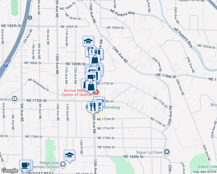 map of restaurants, bars, coffee shops, grocery stores, and more near 1549 Northeast 177th Street in Shoreline