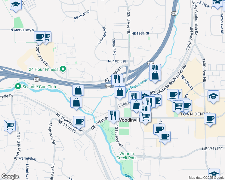 map of restaurants, bars, coffee shops, grocery stores, and more near 17820 130th Avenue Northeast in Woodinville