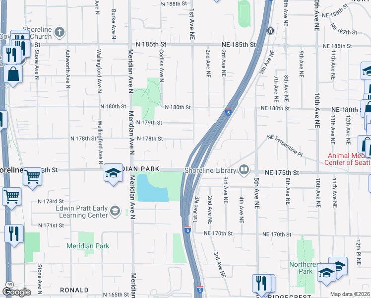 map of restaurants, bars, coffee shops, grocery stores, and more near 17701 1st Avenue Northeast in Shoreline