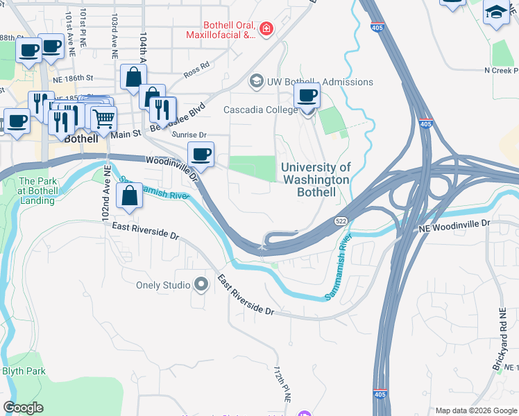 map of restaurants, bars, coffee shops, grocery stores, and more near 10827 Circle Drive in Bothell