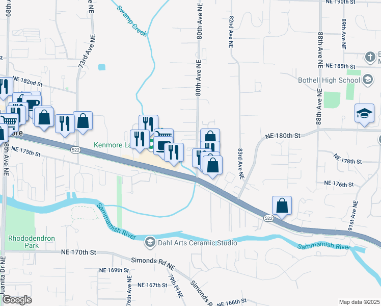 map of restaurants, bars, coffee shops, grocery stores, and more near 8001 Northeast 177th Court in Kenmore