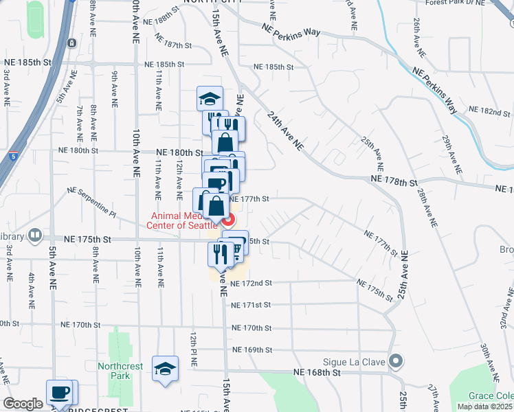 map of restaurants, bars, coffee shops, grocery stores, and more near 1549 Northeast 177th Street in Shoreline
