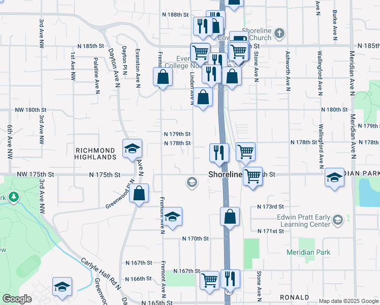 map of restaurants, bars, coffee shops, grocery stores, and more near 17615 Linden Avenue North in Shoreline