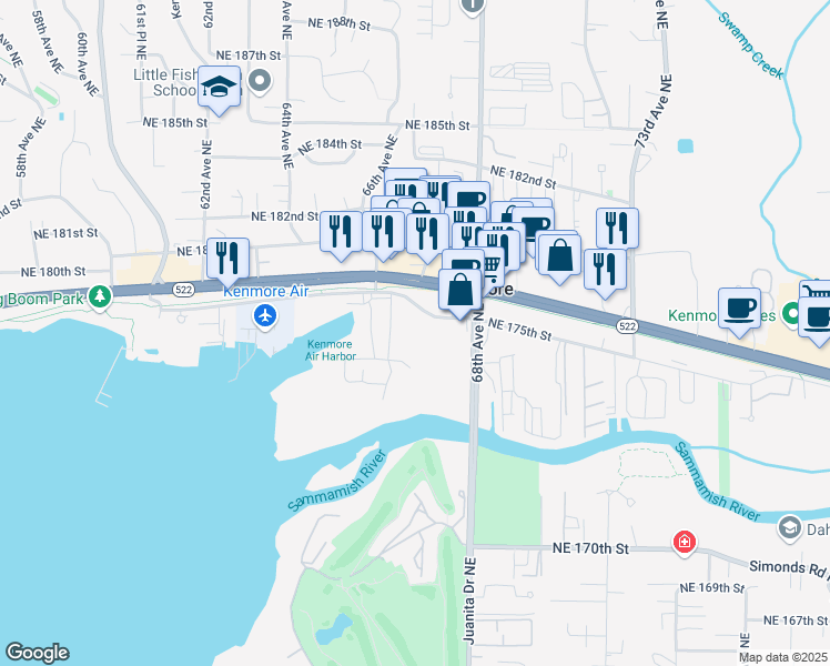 map of restaurants, bars, coffee shops, grocery stores, and more near 6723 Northeast 175th Street in Kenmore