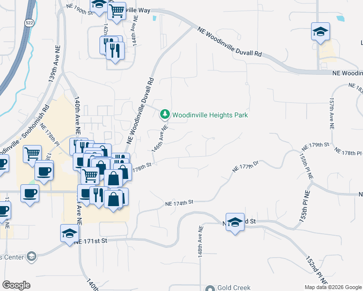 map of restaurants, bars, coffee shops, grocery stores, and more near 17813 147th Place Northeast in Woodinville