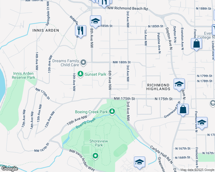 map of restaurants, bars, coffee shops, grocery stores, and more near 17611 6th Avenue Northwest in Shoreline
