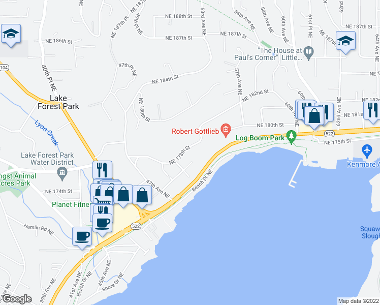 map of restaurants, bars, coffee shops, grocery stores, and more near 5035 Northeast 178th Street in Lake Forest Park