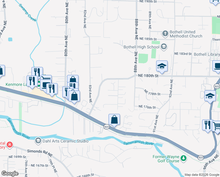 map of restaurants, bars, coffee shops, grocery stores, and more near 8419 Northeast 178th Street in Bothell