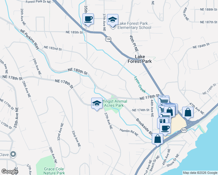map of restaurants, bars, coffee shops, grocery stores, and more near 3702 Northeast 180th Street in Lake Forest Park