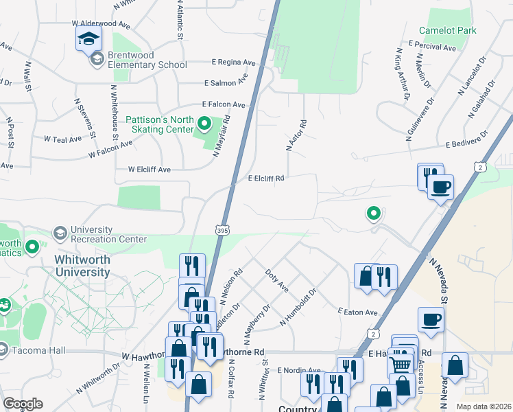 map of restaurants, bars, coffee shops, grocery stores, and more near 202 East Elcliff Road in Spokane