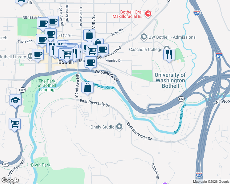 map of restaurants, bars, coffee shops, grocery stores, and more near 10604 East Riverside Drive in Bothell