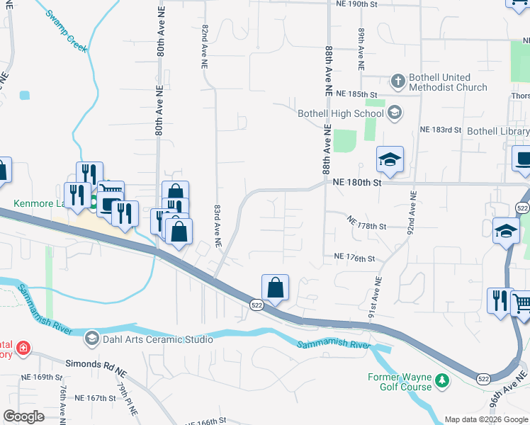 map of restaurants, bars, coffee shops, grocery stores, and more near 8419 Northeast 178th Street in Bothell