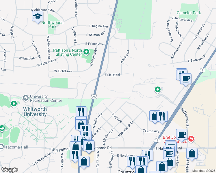 map of restaurants, bars, coffee shops, grocery stores, and more near 202 East Elcliff Road in Spokane