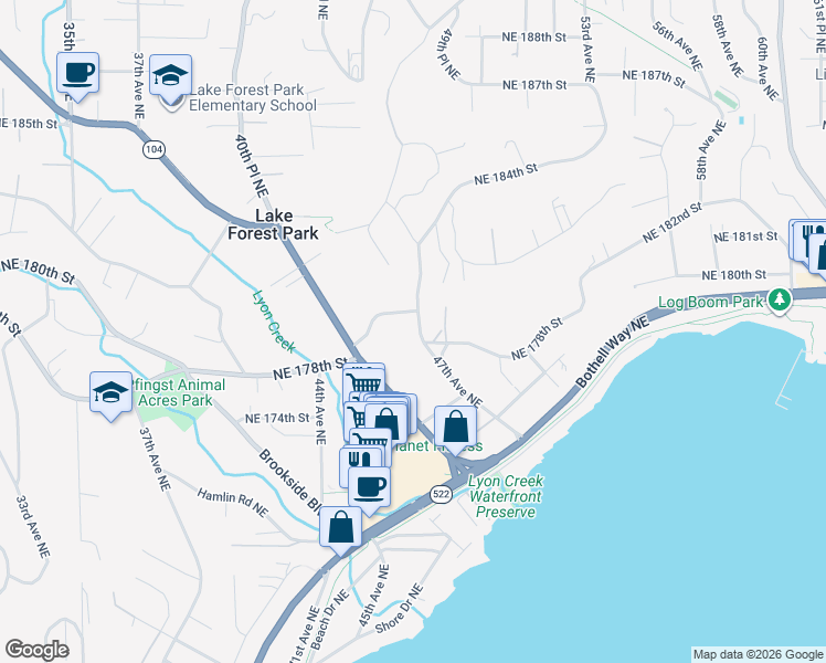 map of restaurants, bars, coffee shops, grocery stores, and more near 17565 47th Avenue Northeast in Lake Forest Park