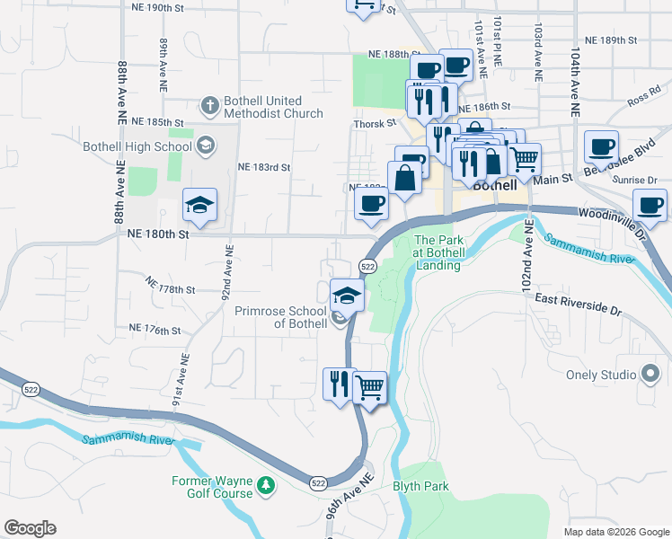 map of restaurants, bars, coffee shops, grocery stores, and more near in Bothell