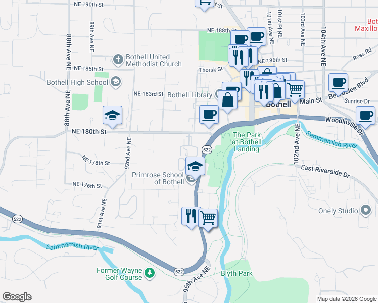 map of restaurants, bars, coffee shops, grocery stores, and more near 9523 Northeast 180th Street in Bothell