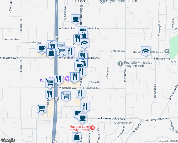 map of restaurants, bars, coffee shops, grocery stores, and more near 9358 North Government Way in Hayden