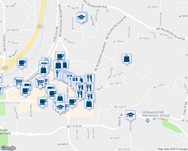 map of restaurants, bars, coffee shops, grocery stores, and more near 14309 Northeast Woodinville Duvall Road in Woodinville