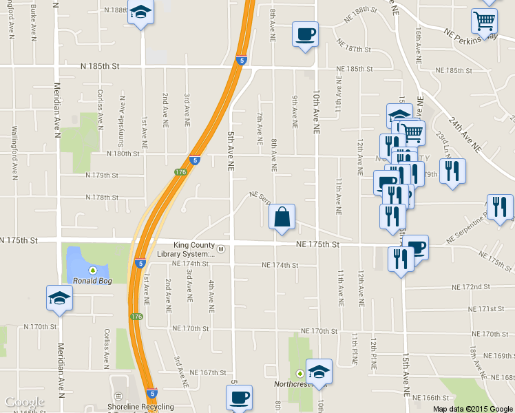 map of restaurants, bars, coffee shops, grocery stores, and more near 17545 8th Avenue Northeast in Shoreline