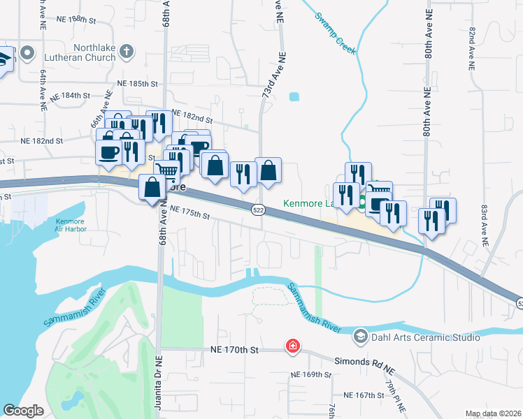 map of restaurants, bars, coffee shops, grocery stores, and more near Bothell Way NE & 73rd Ave NE in Kenmore