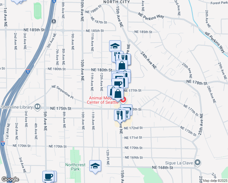 map of restaurants, bars, coffee shops, grocery stores, and more near 17567 15th Avenue Northeast in Shoreline