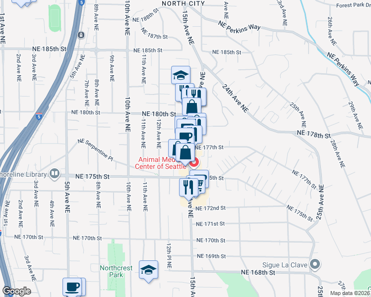 map of restaurants, bars, coffee shops, grocery stores, and more near 17567 15th Avenue Northeast in Shoreline
