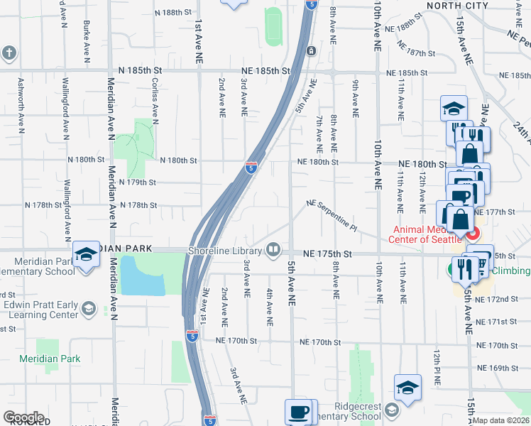 map of restaurants, bars, coffee shops, grocery stores, and more near 325 Northeast 178th Street in Shoreline
