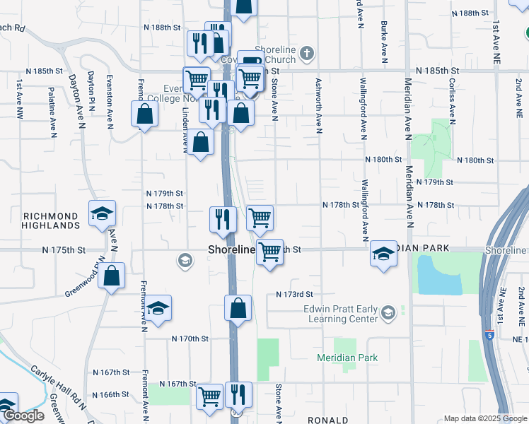 map of restaurants, bars, coffee shops, grocery stores, and more near 17533 Stone Avenue North in Shoreline