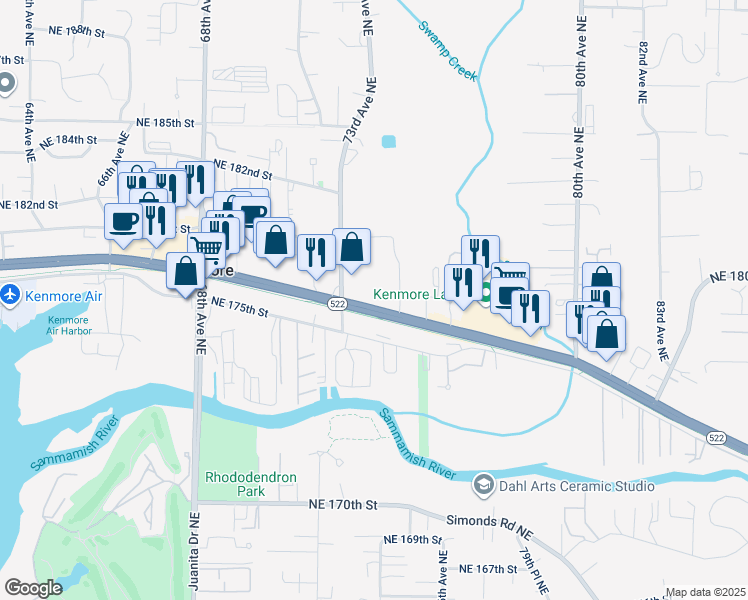 map of restaurants, bars, coffee shops, grocery stores, and more near in Kenmore