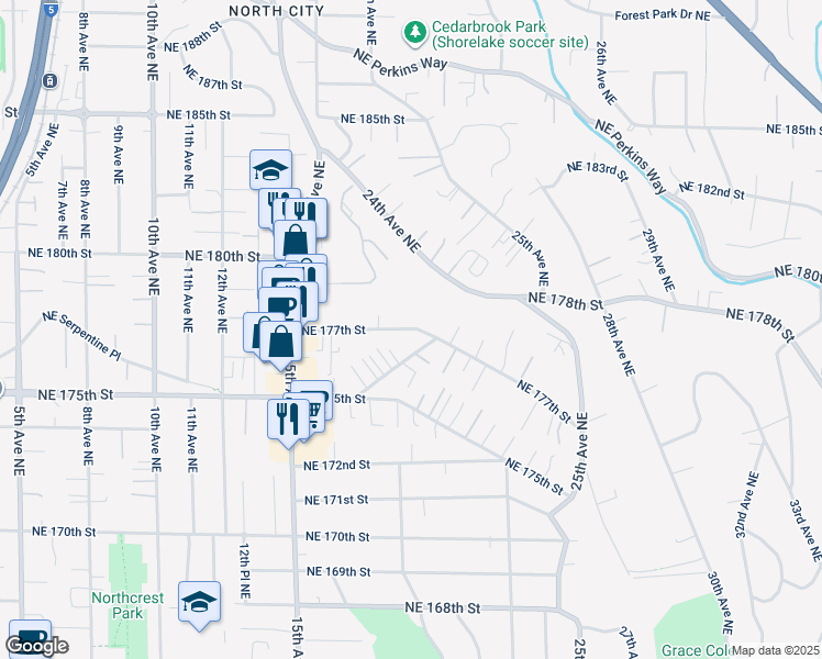 map of restaurants, bars, coffee shops, grocery stores, and more near Northeast 177th Street in Shoreline